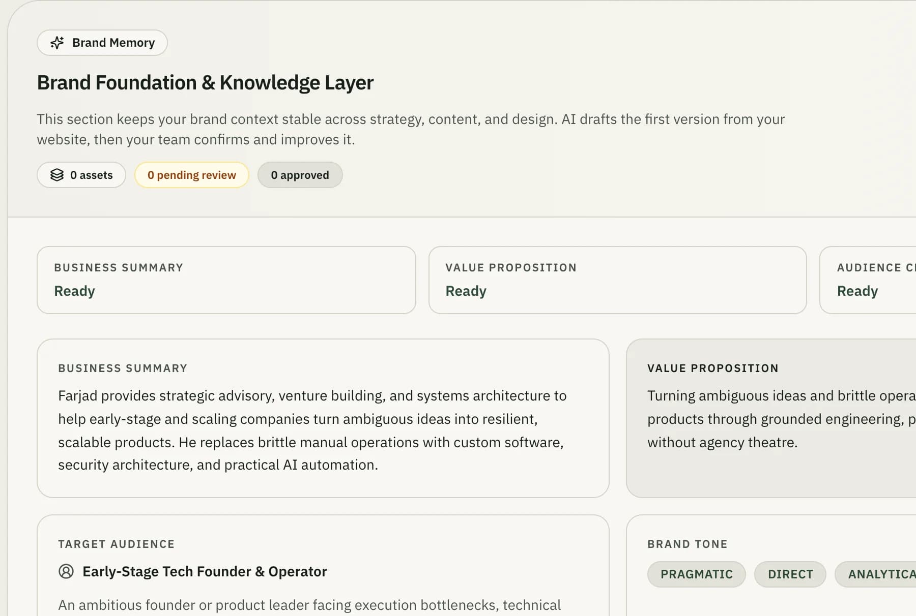 Contivo's Brand Memory screen showing an extracted business summary, value proposition, target audience persona and brand tone tags.