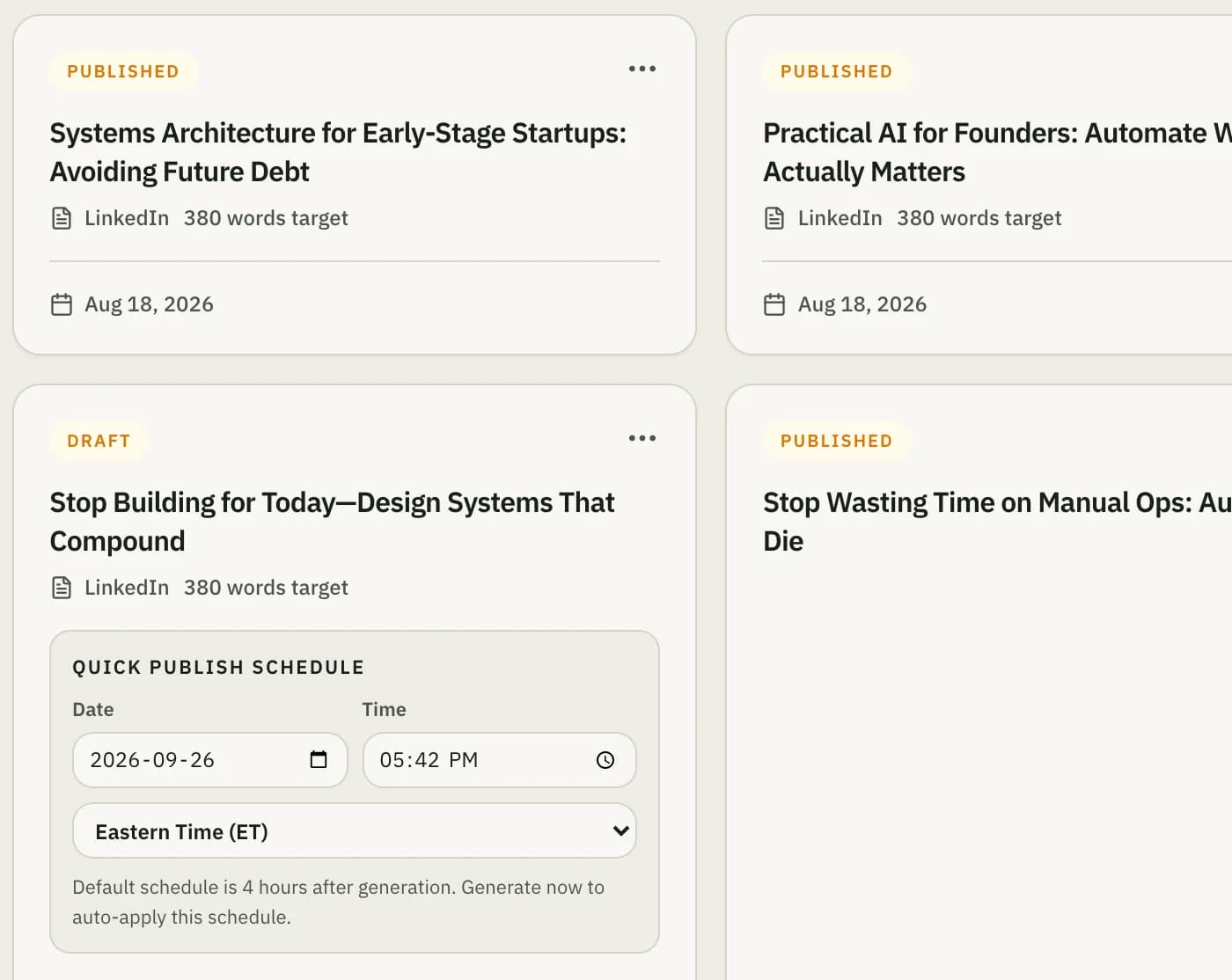 Contivo's pipeline for a real workspace: LinkedIn posts it wrote, two published and one drafted with its publish schedule, each showing its word target.